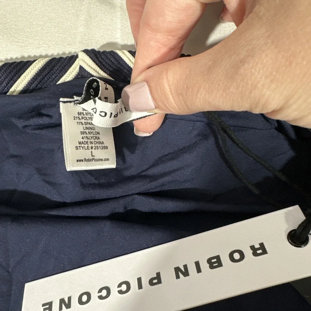 NEW Robin Piccone [‎ Large ] Parker High Waist Stripe Bikini Bottom Navy U1692
